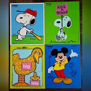 Vintage Playskool Wooden Puzzle Lot Snoopy Big Bird Mickey Mouse Peanuts